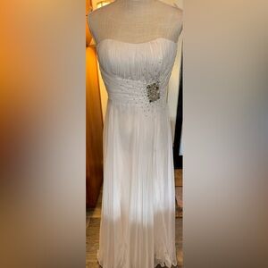 Me Duggal Couture Strapless Chiffon White Evening Gown Prom Beaded Waist Accent